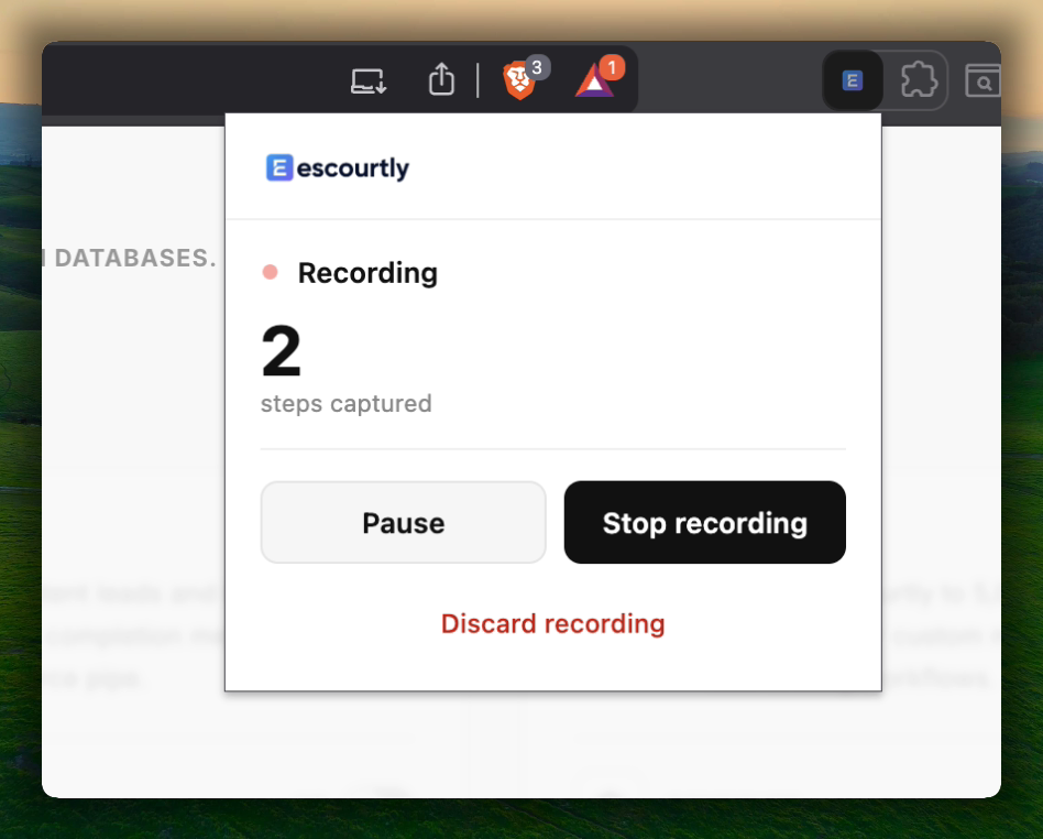 The popup during a recording, with step count, pause, stop, and discard